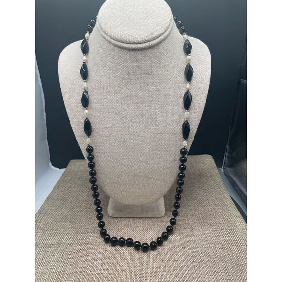 Black Onyx and Pearl Necklace Gold Rondelle Beads 15” Collections Gift Ideas - Picture 1 of 6